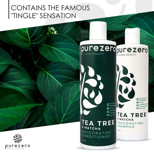 Miniatura 6 de Purezero Juego de champú y acondicionador Tea Tree & Matcha, tratamiento nutritivo y vigorizante para el cuero cabelludo, cero sulfatos, parabenos