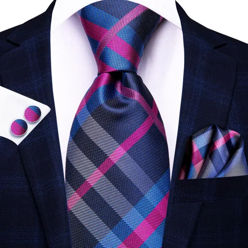 Miniatura 92 de Hi-Tie Corbata clásica de cachemira para hombre con pañuelo y gemelos a cuadros