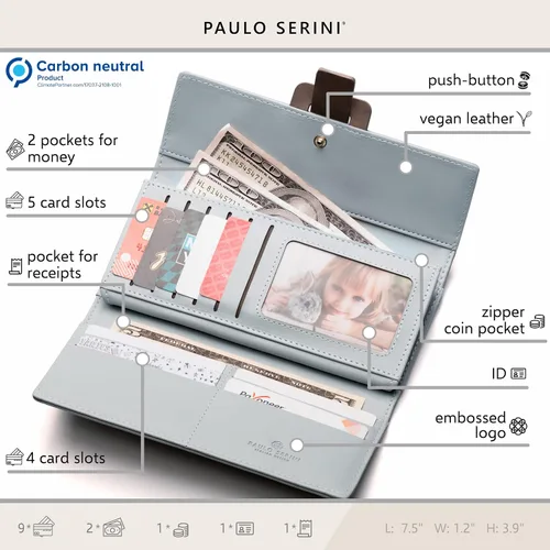 Miniatura 5 de PAULO SERINI Cartera Mujer - Cartera para mujer con monedero - Tarjetero 9 tarjetas - Pulsera - Carteras veganas para mujer - Regalos de cumpleaños