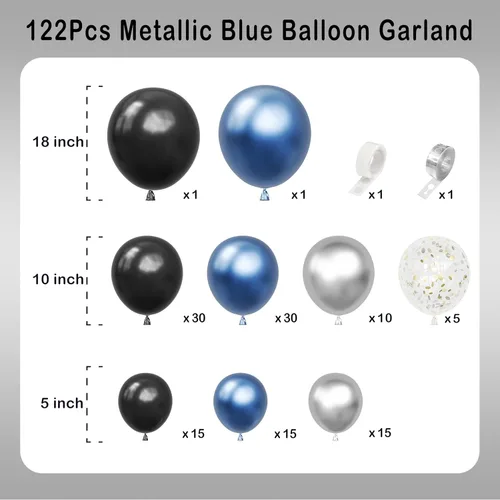Miniatura 2 de Kit de guirnalda de arco de globos de color azul metálico y negro, globo plateado metálico con lentejuelas doradas, 122 piezas para cumpleaños, Azul