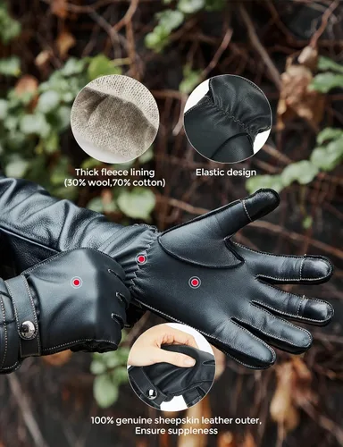 Miniatura 3 de KEMIMOTO Sheepskin Leather Driving Motorcycle Gloves for Men Women All Fingers Touchscreen Texting Riding Winter Dress Black Cashmere Lined Gloves