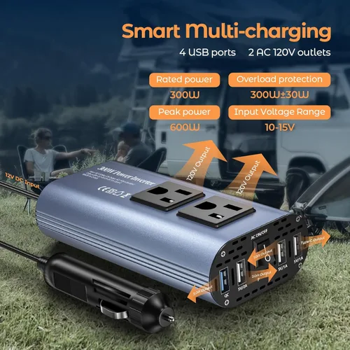 Miniatura 4 de Inversor de corriente para automóvil de 300 W, DC 12 V a 110 V CA adaptador de enchufe de automóvil con cargador rápido USB (25 W), USB-A (20 W)