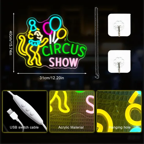 Miniatura 6 de Lucunstar Letrero de Neón LED de Mono Letrero de Circo LED con Payaso y Globos para Parque Temático Decoración de Carnaval LED para Restaurante