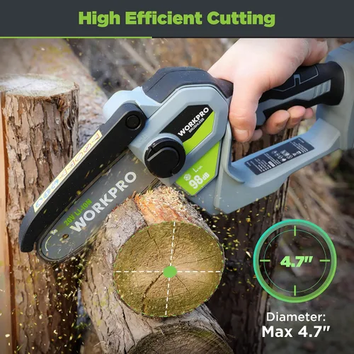 Miniatura 2 de WORKPRO Mini motosierra, motosierra compacta sin escobillas de 6.3 pulgadas con batería de 4.0 Ah, sierra de madera portátil de 20 V con una sola