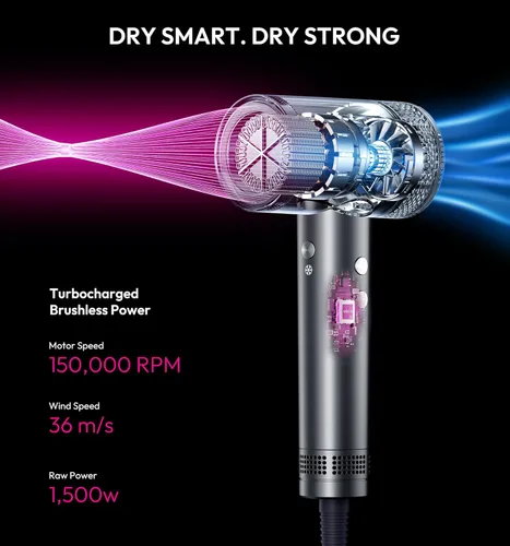 Miniatura 9 de Secador de pelo iónico de alta velocidad con difusor, pantalla LCD profesional con control térmico, secado rápido de 1500 W, secador de pelo