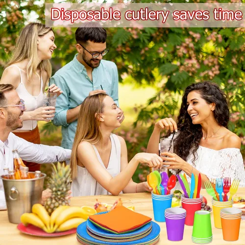 Miniatura 6 de Jinei Juego de 168 piezas de vajilla de fiesta arcoíris de 7 y 9 pulgadas, platos y servilletas desechables de papel coloridos y tazas, tenedores