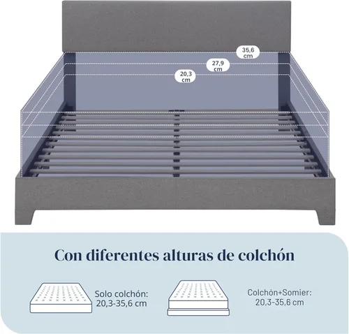 Miniatura 7 de Allewie - Base de cama Queen con cabecero tapizado ajustable, cama plataforma con listones de madera, base de colchón resistente, no necesita Gris