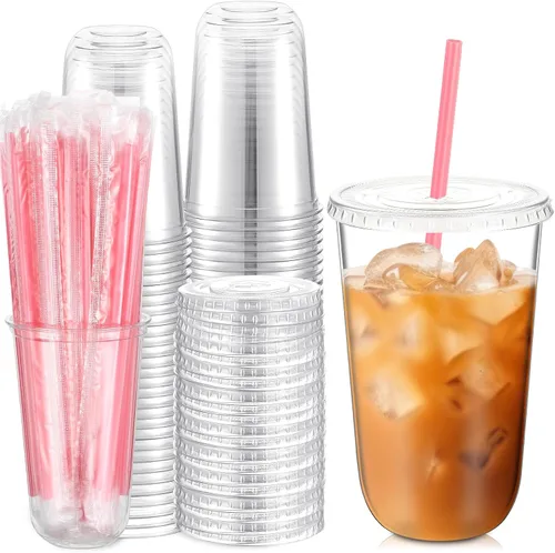 Miniatura 13 de Ziliny 50 Juegos de Vasos de Plástico Transparente con Pajitas y Tapas Rosas en Forma de Corazón, Vasos Desechables para Café Helado Drinking Pet