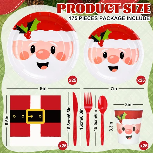Miniatura 2 de Whaline Juego de vajilla de fiesta de Navidad de 125 piezas, platos de papel de Papá Noel de 7 y 9 pulgadas, 6.5 pulgadas, cinturones de Papá Noel