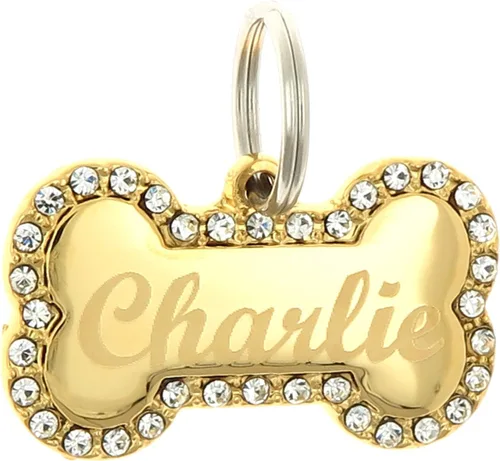 Personalizado grabado personalizado chapado en oro forma de hueso con diamantes de imitación transparentes perro mascota identificación joyería