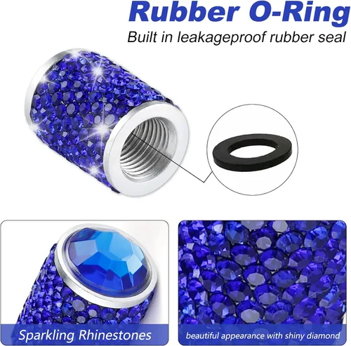 Miniatura 3 de Alpmosn Tapones para válvula de neumático de automóvil, 4 tapas de válvula de neumático brillantes, tapones de cristal brillantes para mujeres, Azul