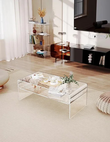 Miniatura 6 de Mesa de café acrílica para sala de estar con estante de almacenamiento abierto, mesa rectangular transparente de Lucite (1, Transparente, Normal)
