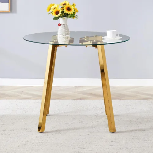 Miniatura 3 de Moderna y lujosa mesa de comedor redonda de vidrio templado con 7 patas de metal doradas en forma, adecuada para comidas familiares, conferencias