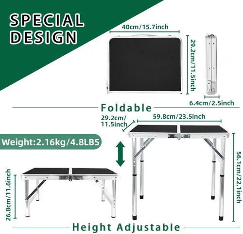 Miniatura 7 de Mesa plegable pequeña de 2 pies, mesa de campamento ligera de altura ajustable, mesa portátil de fácil instalación, mesas de playa plegables
