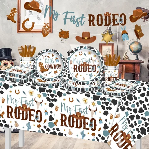 Miniatura 3 de Suministros de fiesta de cumpleaños de mi primer rodeo para niño - 142 piezas, vajilla occidental de vaquero para fiesta del 1er rodeo, decoración