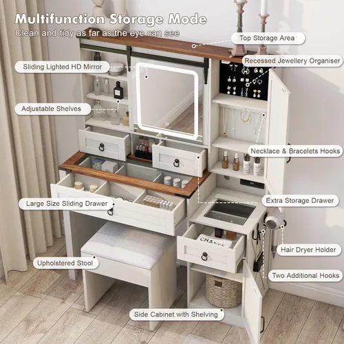 Miniatura 6 de Farmhouse Makeup Vanity Desk with Sliding Mirror and Lights, 42 Wood Vanity Table Set with Glass Top, Power Outlets, Jewelry Storage Cabinet, 4
