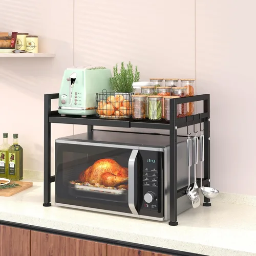 Miniatura 6 de PUSDON Estante para horno microondas negro texturizado, organizador de encimera de cocina expandible de 2 niveles, soporte de acero al carbono