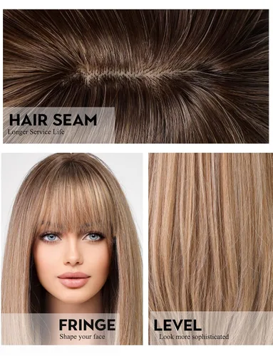 Miniatura 5 de Pelucas rubias cenizas para mujer, peluca larga recta en capas con flequillo, cabello sintético natural con raíces oscuras
