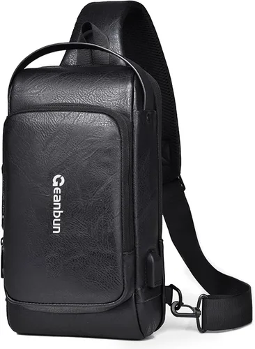 Geanbun Bolso bandolera antirrobo para hombre, bandolera de piel sintética a la moda, mochila USB para el pecho para viajes