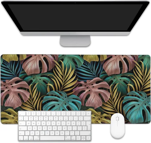 Alfombrilla de ratón grande para juegos con hojas de palmera tropicales coloridas, tapete de escritorio impermeable para escritorio, base de goma