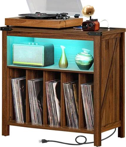 Miniatura 10 de Joaxswe Soporte Grande para Tocadiscos con Estación de Carga y Luces LED, Gabinete Portador de Almacenamiento de Discos de Vinilo que Sostiene hasta