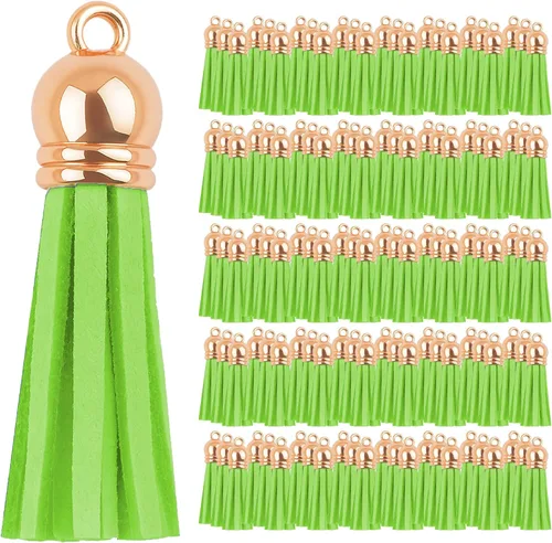 Miniatura 37 de Mandala Crafts 100 borlas de gamuza sintética color aguamarina con tapa dorada, suministros para hacer llaveros a granel, pequeñas borlas de cuero