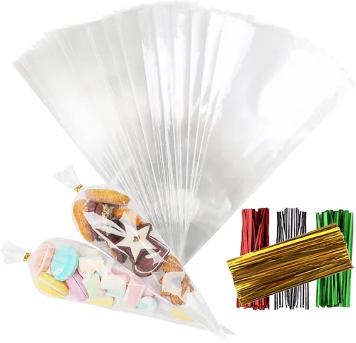 Miniatura 10 de LOMIMOS 150 bolsas de dulces de celofán de Halloween, bolsas de plástico transparente con 300 lazos giratorios para aperitivos, galletas
