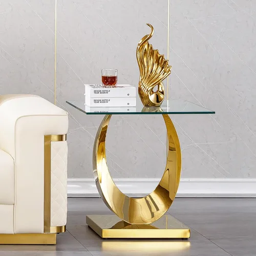 Miniatura 17 de Mesa de centro de cristal de lujo, mesa de centro de sofá de 47 pulgadas con marco de acero inoxidable dorado y parte superior de vidrio negro, mesa