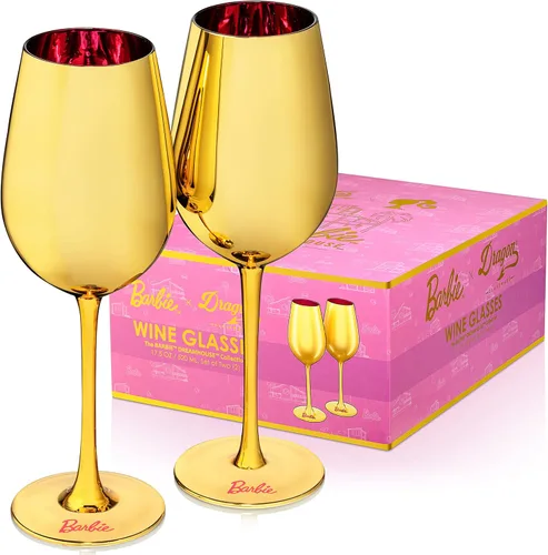 Dragon Glassware x Barbie Copas de vino doradas – Juego de 2 copas de vino doradas de 17.5 onzas con tallo rosa – Colección Dreamhouse – Como se ve