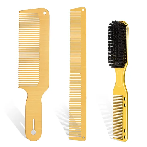 CGBARBER Juego de 3 piezas de peine de metal y cepillos de peluquería, acero inoxidable para hombres y mujeres, corte de pelo, parte superior plana