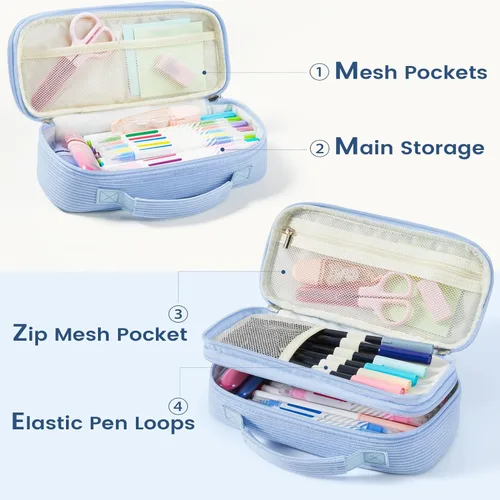Miniatura 4 de Sooez Estuche grande para lápices, estuche de pana suave con asa, bonito estuche para bolígrafos, 5 compartimentos, organizador de amplia apertura
