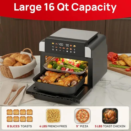 Miniatura 2 de Combo de horno tostador con freidora de aire de 16 cuartos con revestimiento de cerámica sin PFAS y ventana de visión, horno de convección XL 9