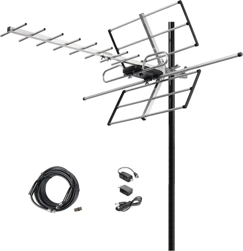 Antena HDTV digital amplificada para exteriores - Rango de 120 millas - Amplificador incorporado - Rendimiento en UHF/VHF - Cable coaxial RG6 de 40