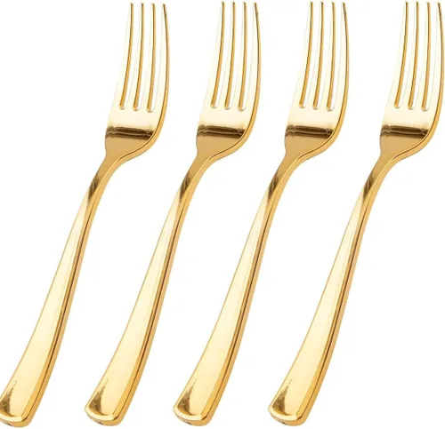 WDF 100 tenedores de plástico dorado – Tenedores resistentes y duraderos desechables de 7.4 pulgadas – Elegantes tenedores dorados para postre,
