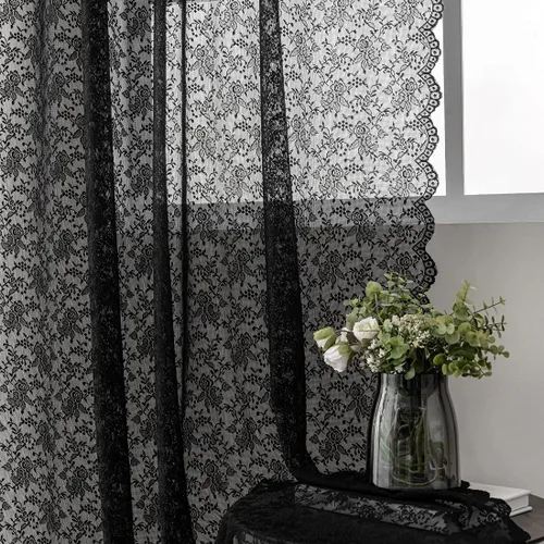 FINECITY Cortinas de encaje de cocina de 45 pulgadas de largo, cortinas de encaje vintage con patrón floral rosa para ventana pequeña, cortinas de