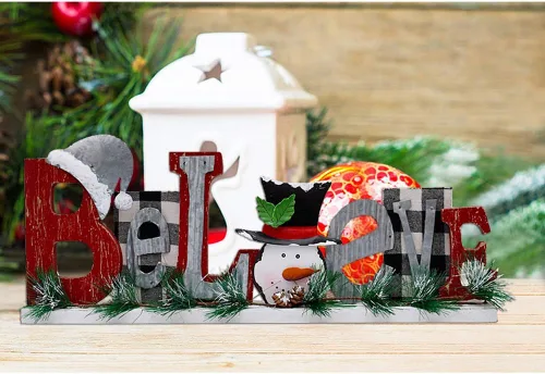 Miniatura 2 de Letrero de madera de Navidad con texto en inglés "Believe Merry Christmas", decoración rústica de muñeco de nieve para el hogar, letrero rústico