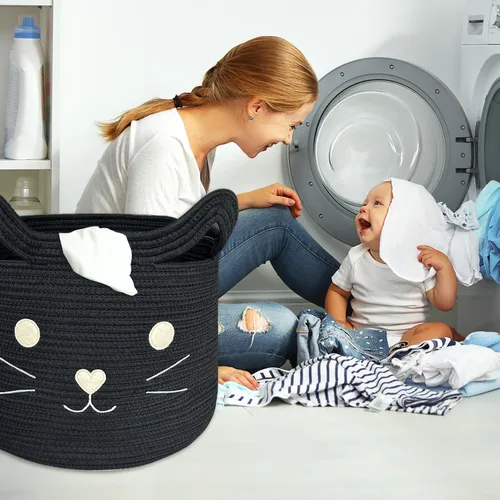 Miniatura 6 de VK VK·LIVING Cesta Grande de Juguetes para Gatos con Asas 15" L x 14" H Caja de Juguetes de Cuerda de Algodón con Diseño de Gato Negro, Cesta