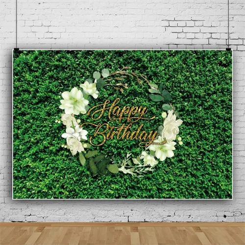 Miniatura 2 de AOFOTO Fondo de pared de cumpleaños de 7 x 5 pies para mujer, hojas verdes, hierba, flores blancas, jardín de primavera, naturaleza, fotografía