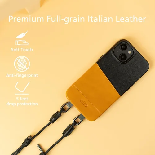 Miniatura 4 de alto Anello - Funda de piel cruzada diseñada para iPhone 14, funda protectora contra caídas de piel italiana con correa de cordón desmontable