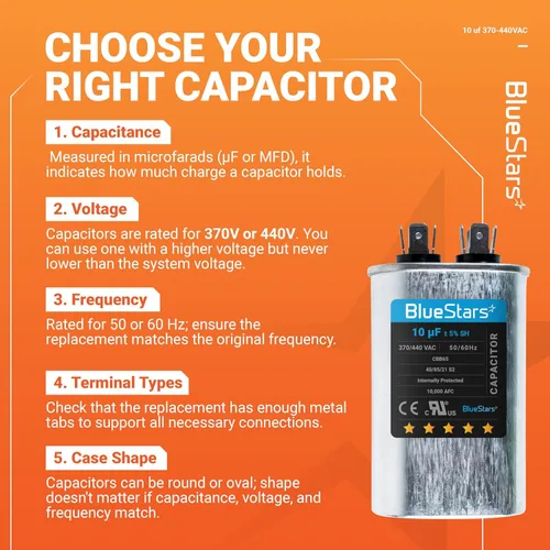 Miniatura 6 de [Listado UL] BlueStars 10 uF ± 5% MFD 370/440V CBB65 CBB65A Pieza de Repuesto de Capacitor de Arranque y Funcionamiento Ovalado - Capacitores