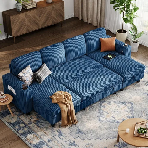 Miniatura 21 de LINSY HOME - Sofá cama extraíble modular con sección para dormir, con almacenamiento, sofá seccional de pana mullida para sala de estar, sofá cama
