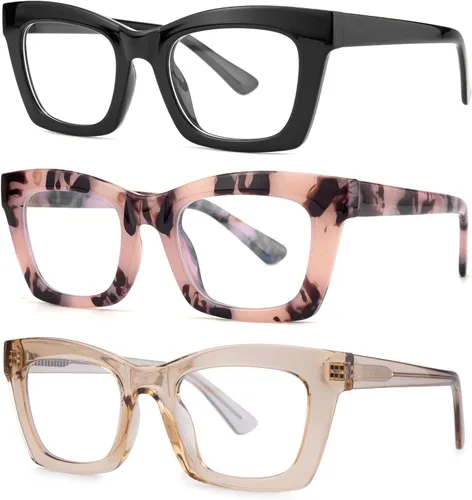 Paquete de 3 anteojos de lectura estilo Oprah con bisagra de resorte, bloqueo de luz azul, para computadora, cuadrados, para mujeres y hombres