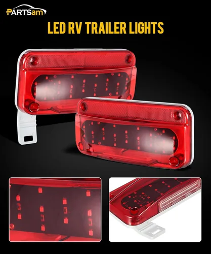Miniatura 2 de Partsam Luces traseras rectangulares LED rojas para caravana, remolque, parada de freno, giro, luz blanca para matrícula, 49 LED con soporte de rojo