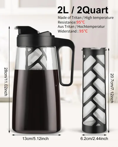 Miniatura 5 de Sivaphe Cafetera grande de hielo frío de 64 onzas, jarra Traitan Safty Traitan, a prueba de fugas, método de cafetera caliente helada, 2 cuartos