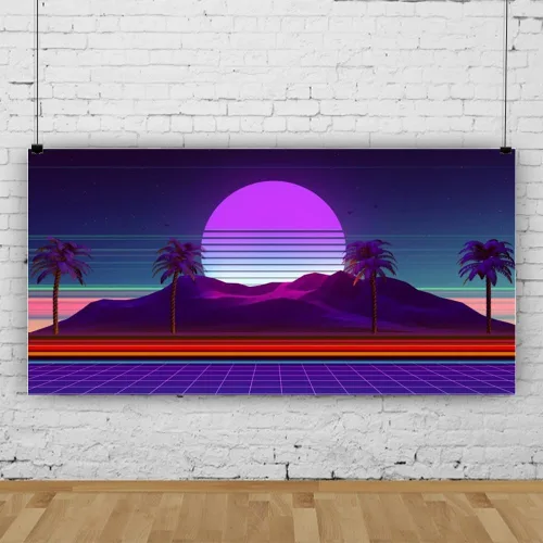 Miniatura 2 de Renaiss Pancarta retro futurista de 6 x 3 pies con diseño de cibermundo cibernético retrowave estilo de los años 80, paisaje digital, fotografía