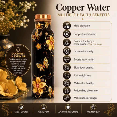 Miniatura 4 de Botella de agua de cobre puro - Hecha a mano - Beneficios para la salud ayurvédica - Grande 35 oz - A prueba de fugas - Fácil de llevar para Negro