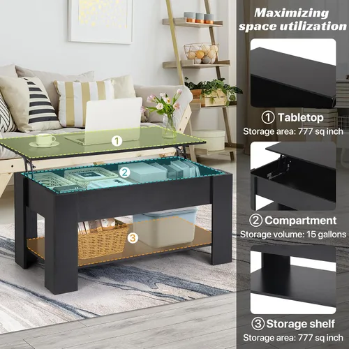 Miniatura 3 de Mesa de centro elevable con almacenamiento oculto, diseño moderno de elevación de 39.4 pulgadas, escritorio convertible de comedor y portátil
