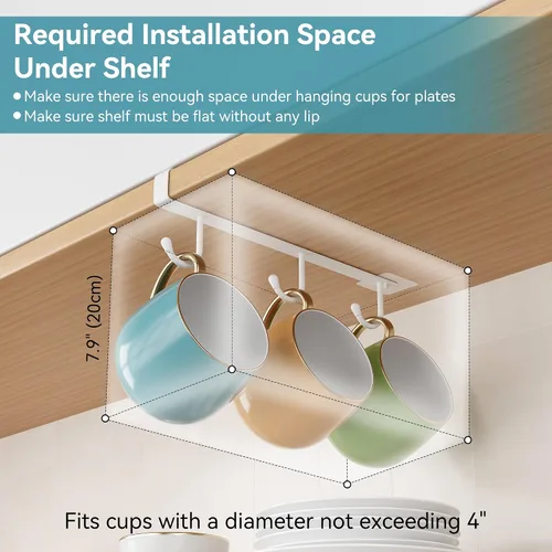 Miniatura 3 de ECROCY Ganchos para tazas para gabinete, enganche en estante y solo se ajusta a gabinete plano sin borde, 3 piezas, soporte para tazas sin