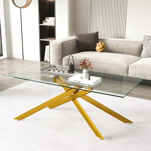 Miniatura 9 de Mesa de centro de cristal para sala de estar, moderna rectangular con parte superior de vidrio templado transparente y patas de metal, mesas de Negro