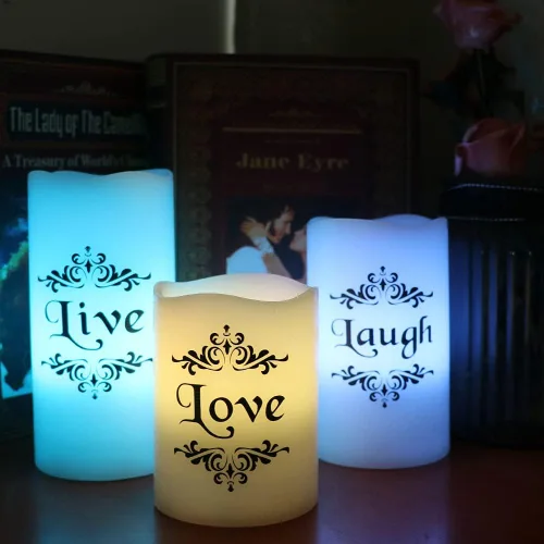 Miniatura 5 de Velas LED sin llama que cambian de color con control remoto de 18 teclas y temporizador, calcomanías de Live Love Laugh que funcionan